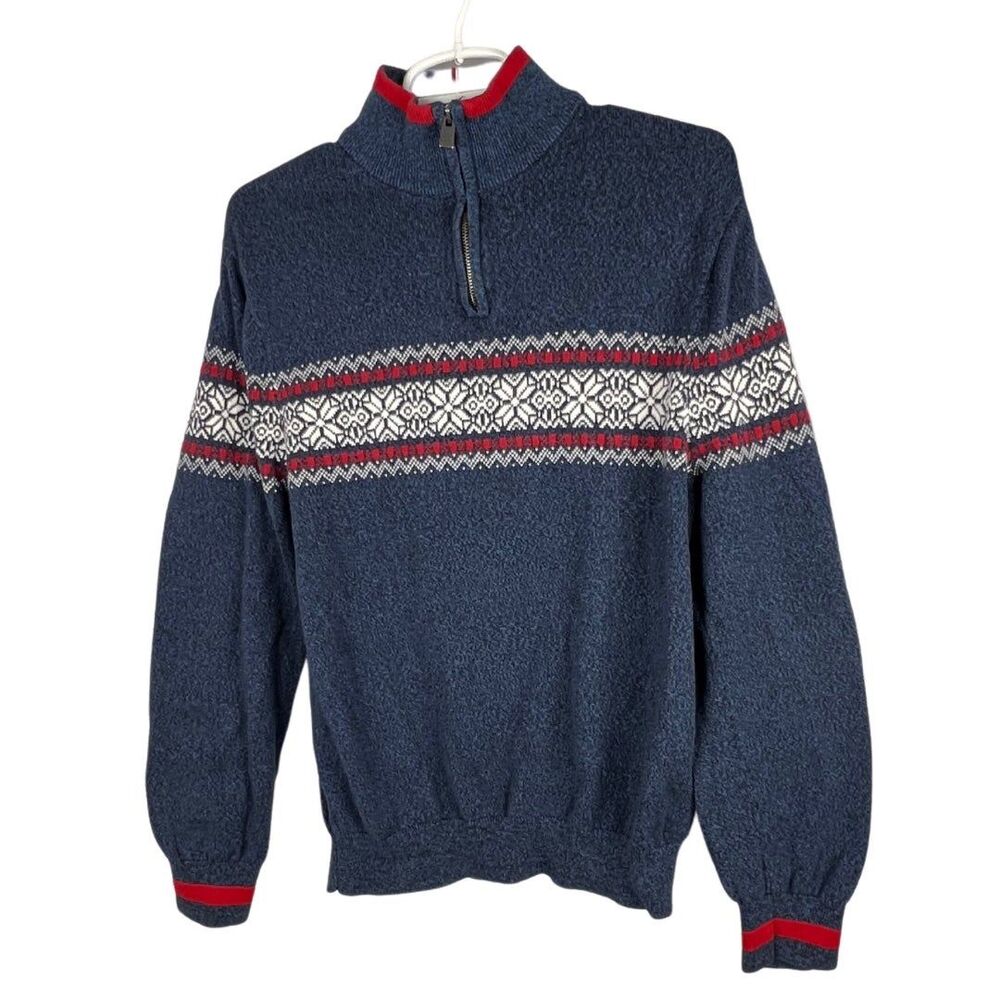Tommy Hilfiger 1/4 zip sweater blue snowflakes winter holiday red fair Isle